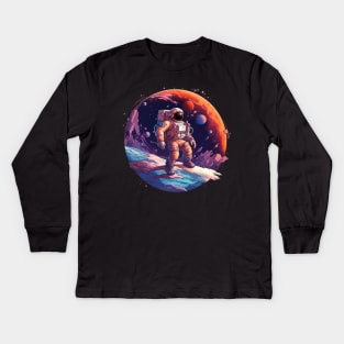 An astronaut standing in space on a rock with earth and mars in the background Kids Long Sleeve T-Shirt